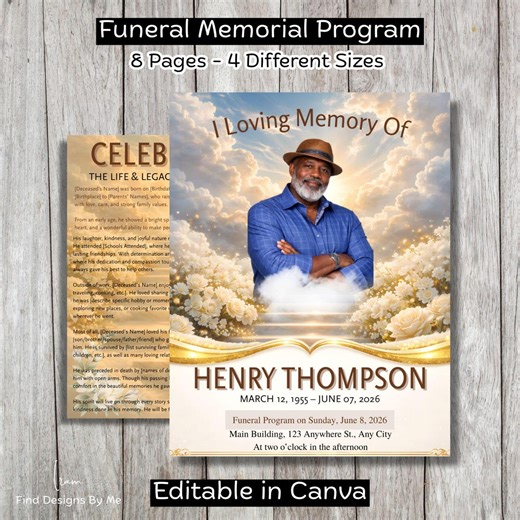 Modern Funeral Program for Men | 8 Page Memorial Service | Obituary Template | Funeral Announcement (digital Download) - Etsy