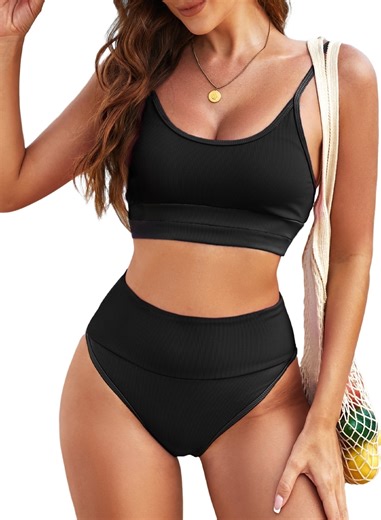 Eytino High Waisted 2 Piece Bikini Set for Women Tummy Control Color Block Striped Swimsuit Knit Ribbed Bathing Suit, Black, M