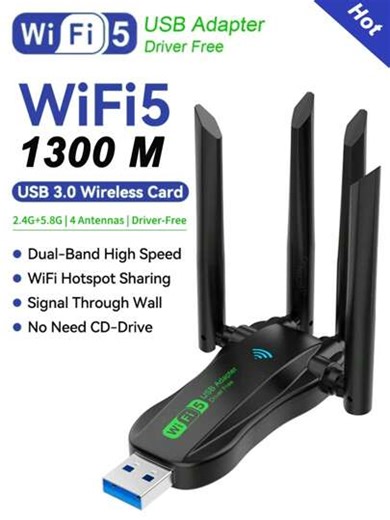 Adattatore Wi-Fi USB senza fili 1300M, connessione internet ad alta velocità, USB 3.0, connessione rapida, dual band 5G/2.4G, 4 antenne, ricevitore scheda senza fili per PC desktop, adattatore Wi-Fi adatto per Windows 11/10/8/7/Vista/XP, plug and play, senza driver richiesti | SHEIN