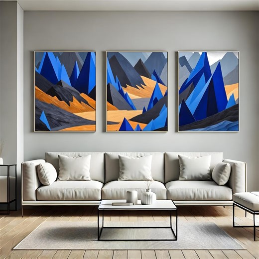 Geometric Mountain Triptych Wall Art, Blue Gold Abstract Landscape Print, Cubist Peak Decor Set - Etsy