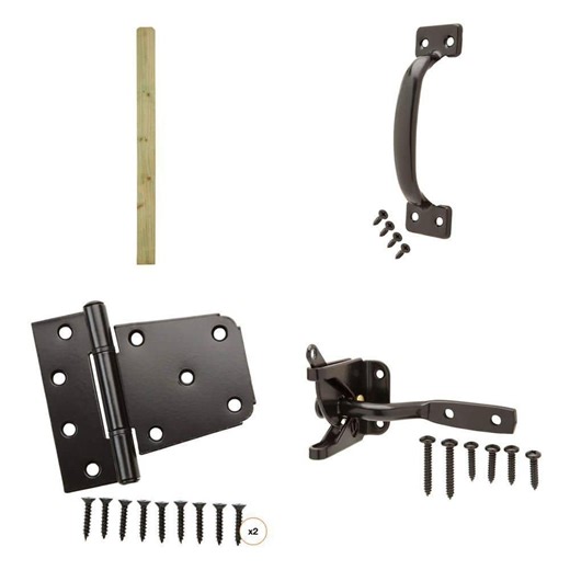 5/8 in. x 5-1/2 in. x 6 ft. Pine Fence Picket, 5-3/4 in. Door Pull, Gate Latch and 3-1/2 in. Tee Hinge (2-Count) Combo - The Home Depot