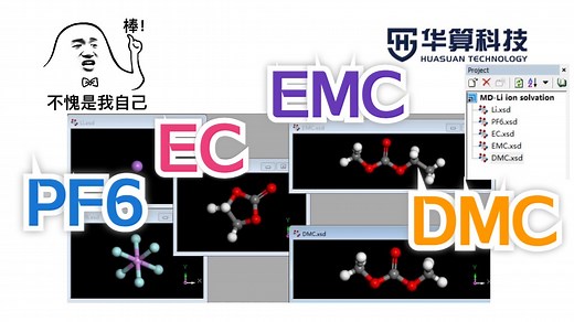 【MS实操】EC/EMC溶剂分子、PF6-阴离子建模-锂离子电池电解液分子动力学本科生练习2 | 华算科技