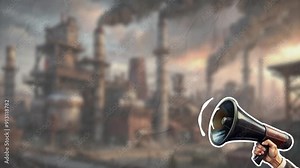 A black megaphone in a man's hand chants something against the background of an industrial enterprise. The concept of the fight for workers' rights. Smooth animation on color paper background
