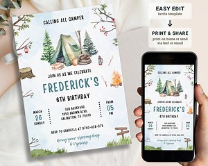 Camping Birthday Invitation Template: Editable Camp Party Invite (digital Download) - Etsy