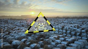 Biohazard hazard warning symbol with a skull hanging over a garbage dump. Smooth camera pan