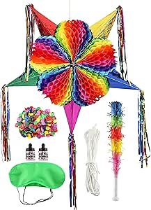 Large Star Piñata Set (32 inches) Authentic Handmade Colorful Foldable Piñata Suitable for Birthday Party Fiesta Anniversary and Cinco De Mayo Festive Mexican Rainbow Piñata Decoration for Kids Girls