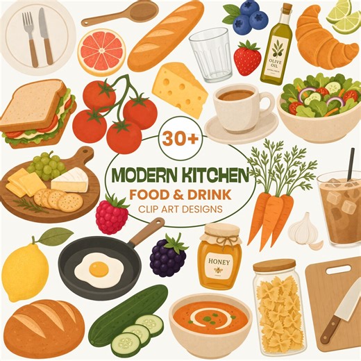 Modern Kitchen Food Clipart | Cooking Ingredients, Bread, Fruit, Veggie Graphics (digital Download) - Etsy