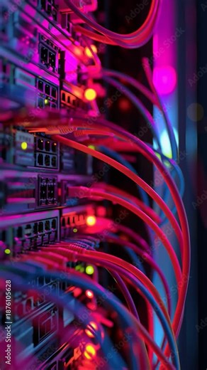 A close-up animated image of a modern telecommunications server rack, colourful cables.