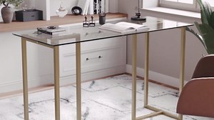Martha Stewart Eli Home Office Desk with Glass Top and Steel Frame, Polished Brass