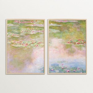 Monet Water Lilies Wall Art Set – Impressionist Painting Print Set of Two, Soft Pink Green Decor, French Cottage Style Poster - Etsy