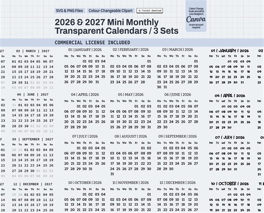 Monthly Transparent Calendar Clipart 2026 and 2027 SVG PNG Canva Compatible Calendars | Commercial License | 1.5 X 1.5 Inch - Etsy