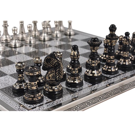 Luxury Metal Chess Set With Engraved Board – Black & Silver Decorative Chess - Etsy