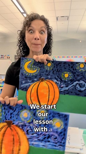 🌙✨ Kindergarten Starry Night Pumpkins 🎃💙 We started with a story all about Vincent van Gogh, the artist who painted swirls that dance across the sky. Then, we looked closely at Starry Night using the I See, I Think, I Wonder method. The room filled with curious voices: “I see swirls!” “I think it’s windy!” “I wonder how he made it glow!” When it was time to create, each artist chose their own background, light blue, dark blue, teal, or purple. Then came my favorite part: I told them I wouldn’