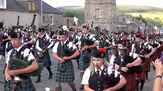 After getting permission from the Chieftain, Alex Grant, the massed bands march off led by leading Drum Major Nick Stables, closing Beating Retreat following the 2019 Dufftown Highland Games in Speyside, Moray, Scotland. The bands play "Scotland the Brave" as they start and then the marches "Flett from Flotta" and "Wings". Drum Major Nick Stables is from Dufftown & District Pipeband and the other bands present were Arberlour Community & District Pipe Band, Ballater & District Pipe Band, Buckie &