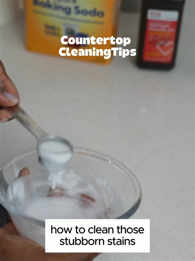 Give your countertops a fresh start with this baking soda and hydrogen peroxide method. Simple steps, satisfying results.
