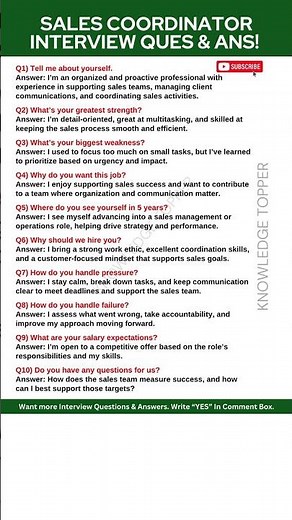 Sales Coordinator Interview Questions and Answers | Sales Coordinator Job Description