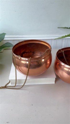 Vintage 1970s Copper Hanging Planters, Set of 2, MCM Mid Century Round Cauldrons With Brass Chains, Large 8" Wide, Indoor Plants - Etsy