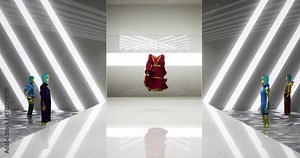 3D Fashion Show. The Invisible Virtual Female Model Walks Down the Runway. A Trendy Red Dress. Meeting in Virtual Space, Meta Podium Show, Artificial World. Concept of Gamification and Realization of