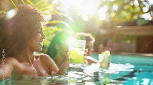 Friends enjoying a refreshing detox drink by the spa pool, promoting health and hydration during their spa day.