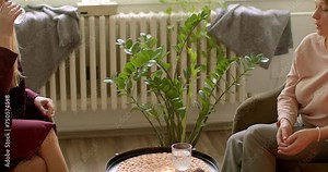 Woman during counseling session with psychotherapist. Two women shares details about challenges and mental health issues. Green plants improve indoor air quality, reduce stress, boost mood.