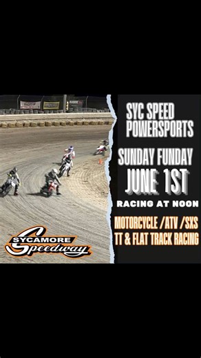 SYC SPEED Powersports Sunday Funday TODAY June 1st Pit Gates open at 830 am 🏁 #sycspeed #powersports #DuKaneABATE #motorcycle #flattrack #ttracing | Sycamore Speedway