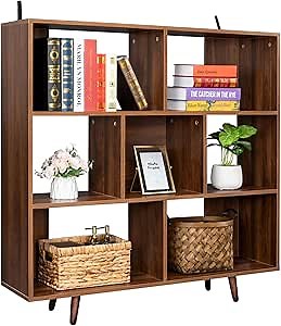 Wood Cube Bookcase, Mid Century Modern Bookshelf for Entryway, Hallway, Living Room, Home Office, Walnut