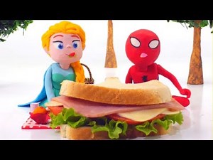 FROZEN ELSA & SPIDERMAN EAT GIANT SANDWICH ❤ Superhero Babies Play Doh Cartoons For Kids