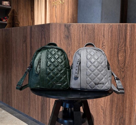 Handmade Quilted Leather Mini Backpack Purse, Women's Rucksack Bag