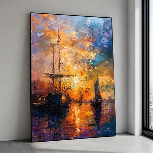 Vibrant Sunset Harbor Canvas Print, Sailing Ship Seascape Wall Art - Etsy
