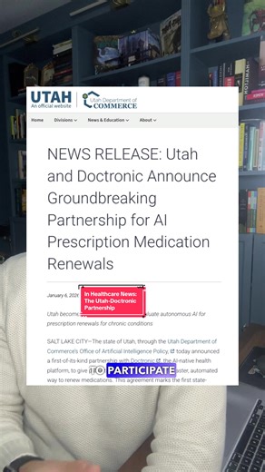 Another step closer to AI replacing doctors? Utah took a huge leap in partnering with @doctronic.ai to rollout a pilot program where an AI will be considered a medical professional. There are safety measures, there are guardrails, there will be post-launch monitoring. A “sandbox” is being created for this program to function in, with the goal of improving outcomes and access while reducing costs, specifically surrounding medication non-adherence, which is estimated to cost $100-$300 billion doll