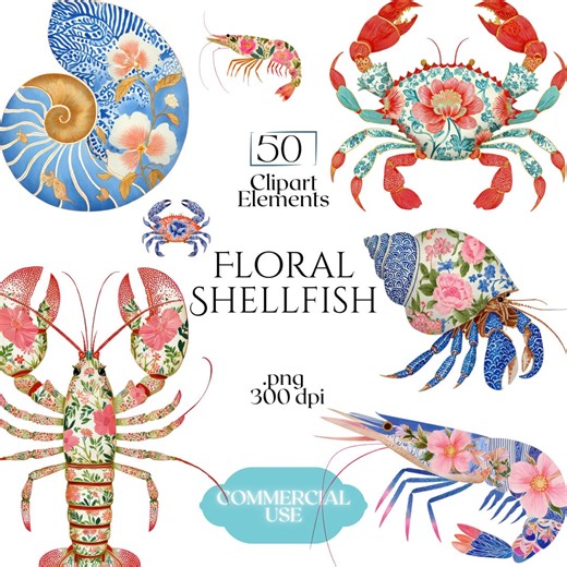 Floral Shellfish Clipart, Coastal Botanical Crab Lobster PNG, Chinoiserie Ocean Shrimp Seashell Graphics (50 Files, Transparent Background) - Etsy Australia