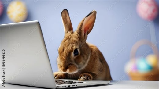 Bunny rabbit typing on laptop computer with easter eggs and balloons. Adorable animal in digital workspace for spring holiday fun and modern technology concept