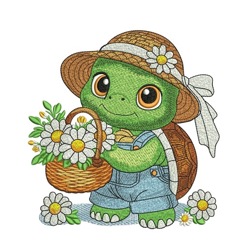 Spring Turtle Embroidery Design | Daisy Basket, Denim Overalls (digital Embroidery File) - Etsy