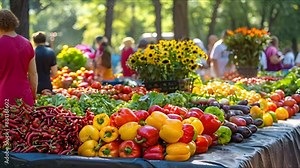 Busy summer farmers market with a crowd of people and organic produce. Concept Summer Markets, Local Produce, Busy Crowds, Farm Fresh, Community Gathering