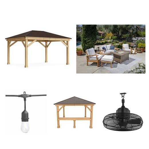 Edison String Light, 12 ft. x 16 ft. Gazebo Kit, 20 in. Fan, 12 ft. Bar & Teak Patio Set Combo - The Home Depot