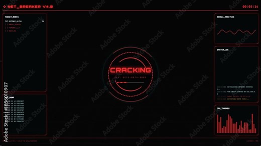 A cyberpunk hacking terminal executing a brute force attack. The screen displays hex dumps and signal waves, escalating from a red security alert to a green access granted state.