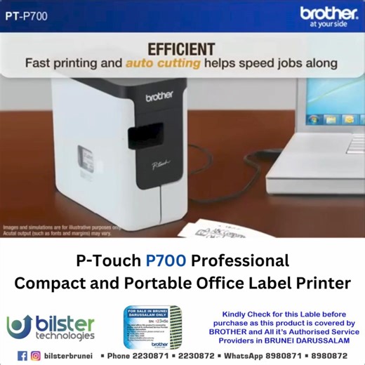 Fast and functional With the PT-P700, clear, professional-looking labelling on files, archives, cupboards, shelves, data backup discs and more couldn’t be simpler. Just plug direct into your PC or Mac via USB, and create designs using your existing fonts, images, graphics and frames. Features barcode printing and a wide range of downloadable templates available from the cloud, while labels are available in different colours and up to 24mm width. And with up to 30mm per second print speed, the PT