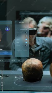 Vertical shot Archaeologist in VR headset conducts scientific research in augmented reality using fossil skull. 3D render of virtual display with AI assistant and web browser data. VFX