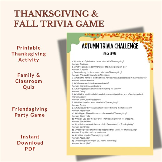 Thanksgiving Fall Trivia Game Printable Autumn Challenge Family & Classroom Quiz Instant Download PDF - Etsy