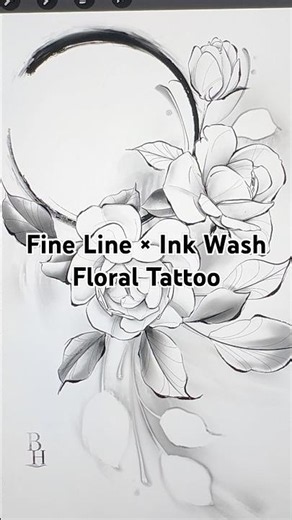 A fine line floral tattoo blended with soft ink wash textures. #tattoo