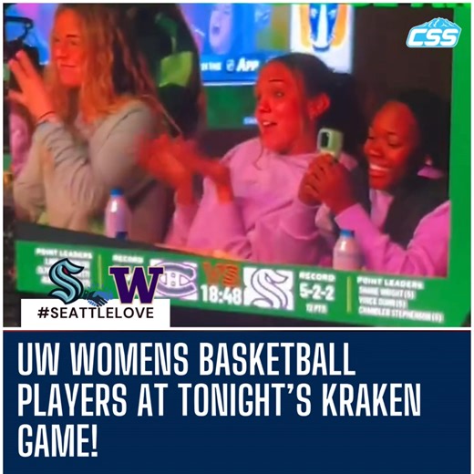 The Washington Husky Women's Basketball team is at tonight's Seattle Kraken game in a suite! Elle Ladine, Avery Howell, and Sayvia Sellers got some extended screen time at the end! #SeaKraken #GoHuskies #SeattleSports #UniversityOfWashington #SeattleKraken | Circling Seattle Sports