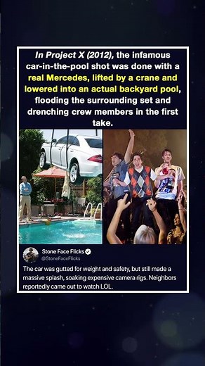 In Project X (2012), the infamous car-in-the-pool shot was done with a real Mercedes, lifted by a