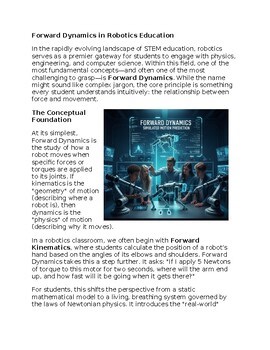 Forward Dynamics in Robotics Education - Reading Passage and x 10 Questions