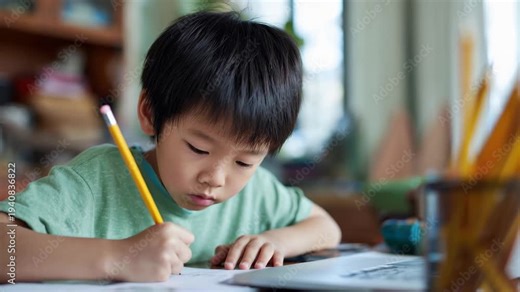 Asian boy focused on homework at a cozy desk in the afternoon light, surrounded by school supplies and learning materials