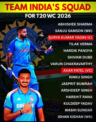 🇮🇳💪🔥🏏🏆Team India’s Squad for T20 World Cup 2026 Announced! 🔥🏏🏆