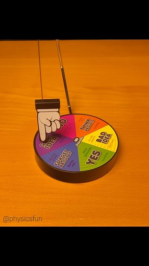 Chaotic Decision Maker Pendulum: adding magnetic forces to gravity gives this comical pointing pendulum chaotic motion- not random, but very sensitive to slight differences in initial launch conditions. Each “choice” has a dipole magnet underneath which attracts a magnet in the hand and locks the pointer into place, but only after enough kinetic has been dissipated, and until that final state is obtained the motion is chaotic. Fun physics behind this novelty gag gift. ➡️ Follow the link in my pr
