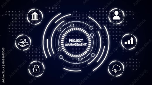 Project management hub with icons for finance team security cloud and growth video