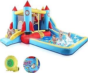 DREAMVAN Inflatable Bounce House with Blower, Jumping Castle with 2 Slides, Jump and Splash Adventure Bouncer, Multicolor, Castle Theme