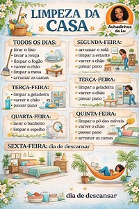 Rotina semanal de limpeza da casa pensada para facilitar o dia a dia 🏡✨. Com tarefas simples distribuídas ao longo da semana, é possível manter tudo em ordem sem sobrecarga e ainda reservar um dia para descansar 💆‍♀️🌿. Organização real, prática e possível para a vida cotidiana. #LimpezaDaCasa 🧼 #RotinaSemanal 🗓️ #CasaOrganizada 🌼 #OrganizaçãoDoLar 🏡 #DescansoTambémÉCuidado 💆‍♀️ | Josiane santos Receitas