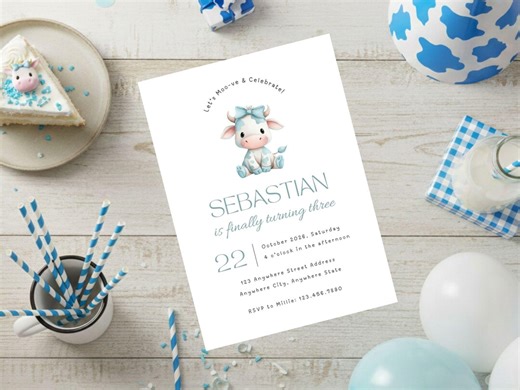 Highland Blue Cow Birthday Party Invitation Template Farm Animals Birthday Party Invitation Baby Blue Cow Themed Invitation Template - Etsy